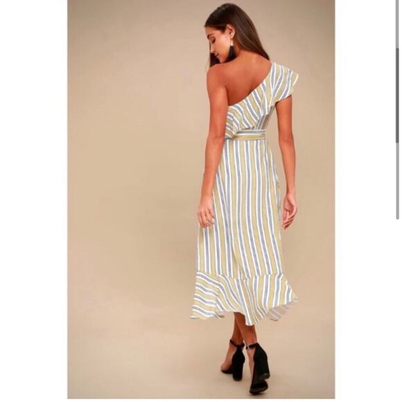 Lulus High Tide ivory white yellow striped ruffle one shoulder dress size Medium - Picture 13 of 13